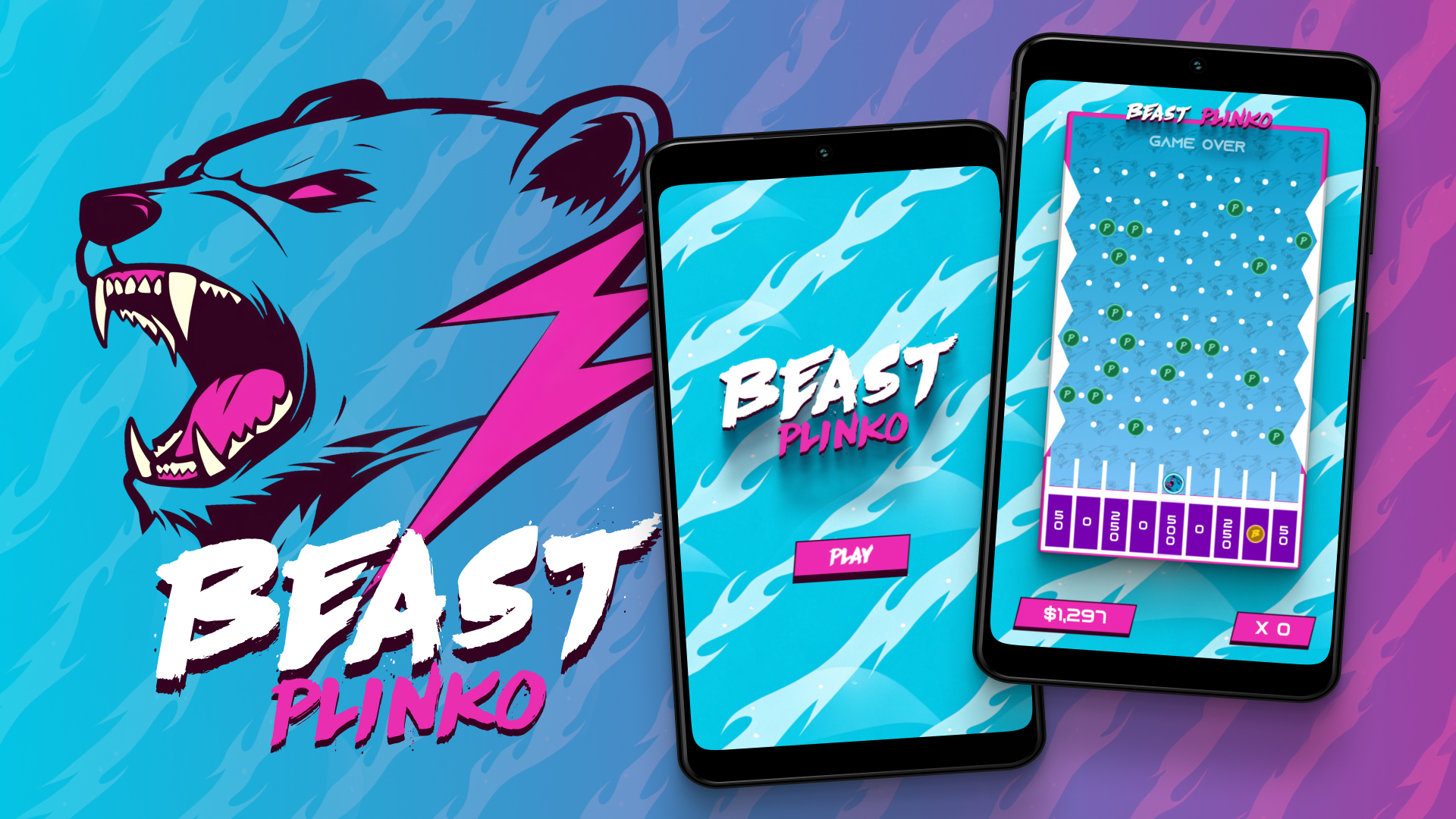 Beast Plinko game interface from the MrBeast Casino App, showing gameplay on mobile devices with bold graphics and colorful design